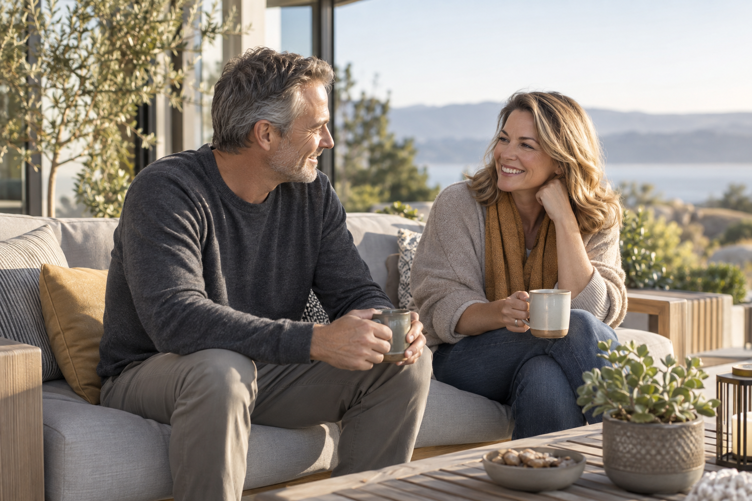 Illustrative lifestyle image of a couple sharing a relaxed moment outdoors